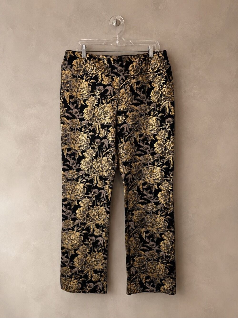 Soft Surroundings Size L Moonstruck Metallic Gold Floral Damask Slim Pants